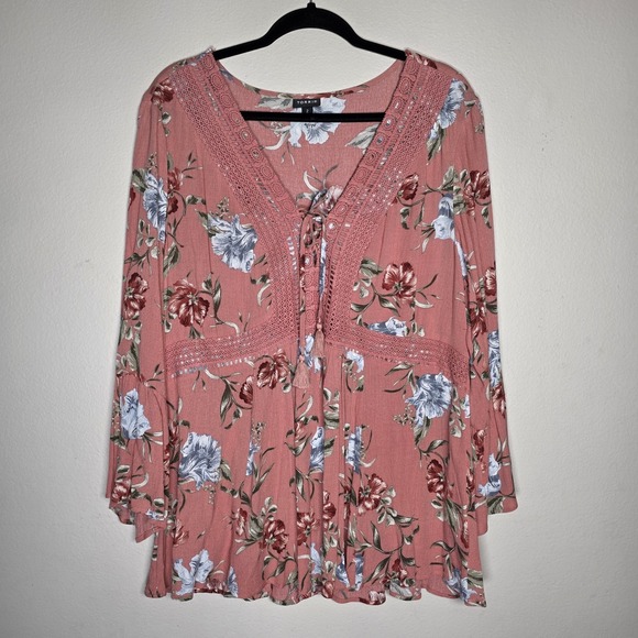 torrid Tops - Torrid Womens‎ 2X Dusty Coral Floral Gauze Crochet Babydoll Top Peasant Babydoll